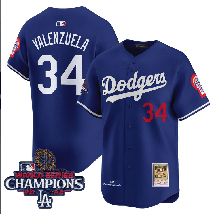 Men MLB Los Angeles Dodgers 34 Valenzuela blue 2024 World Series Champions Patch Cooperstown Jersey